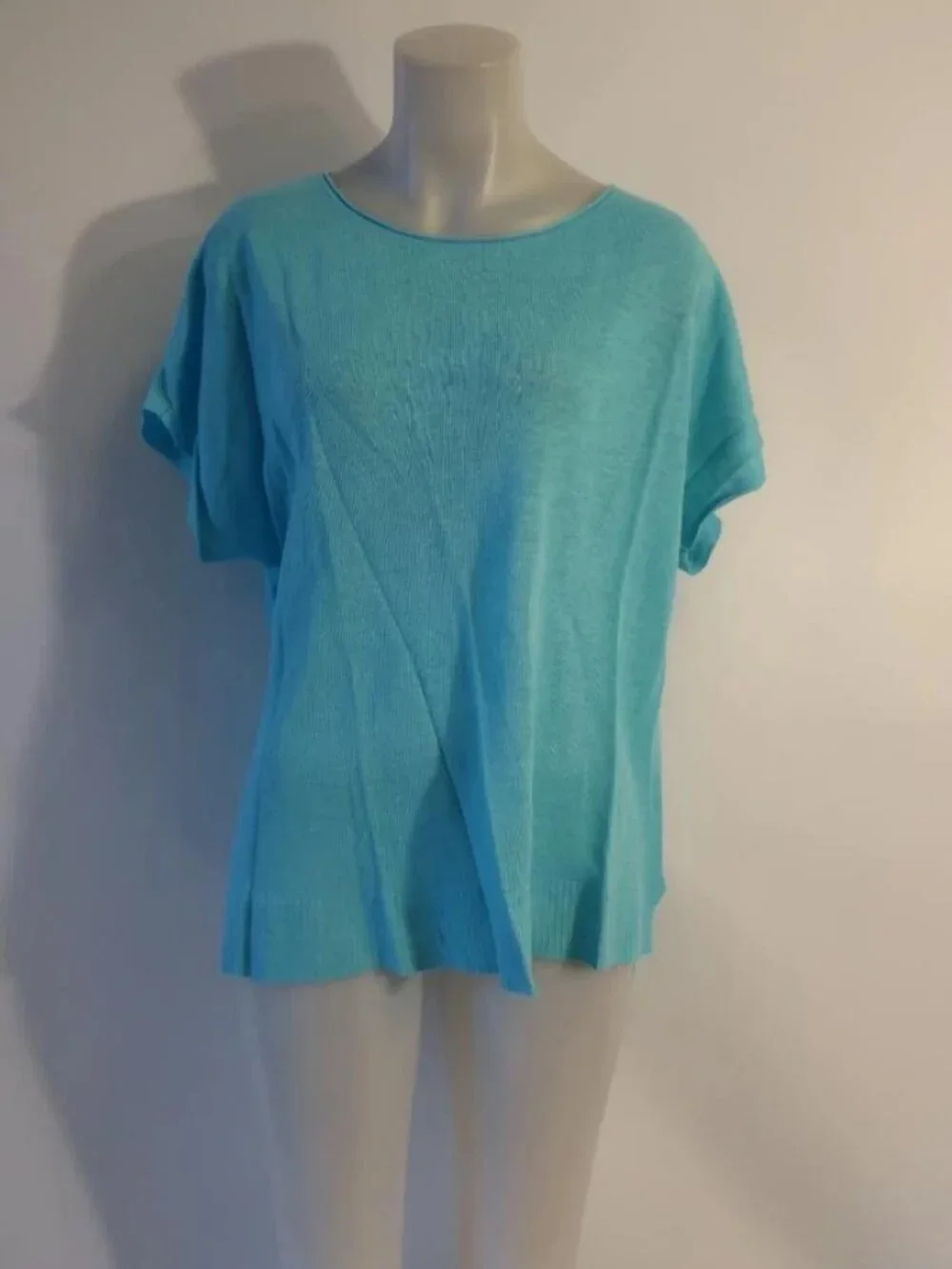 Women Eileen Fisher 100% Linen Turquoise Short Sleeve Sweater M - Picture 3 of 5